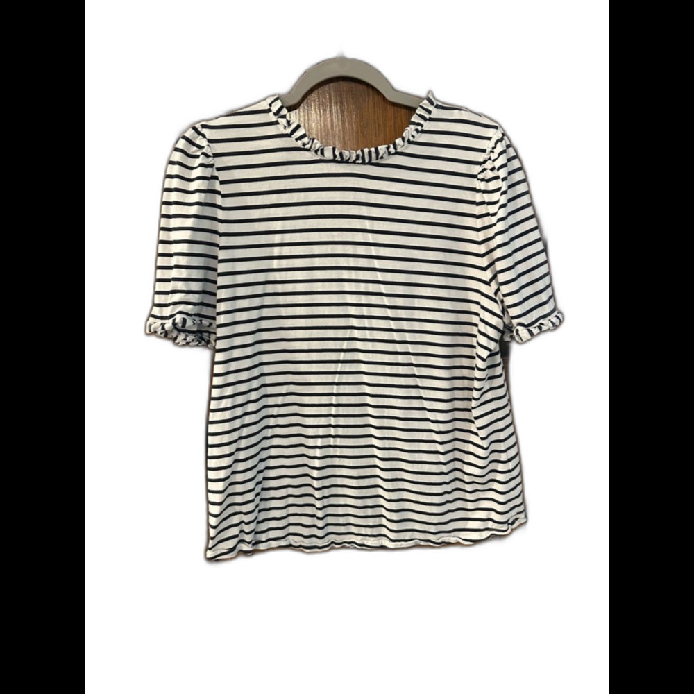 Boden Black & White Striped Ruffle Sleeve Tee